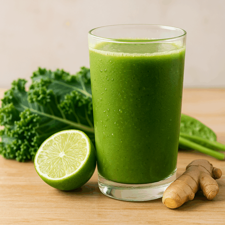 Suco verde com limão, gengibre, couve no copo