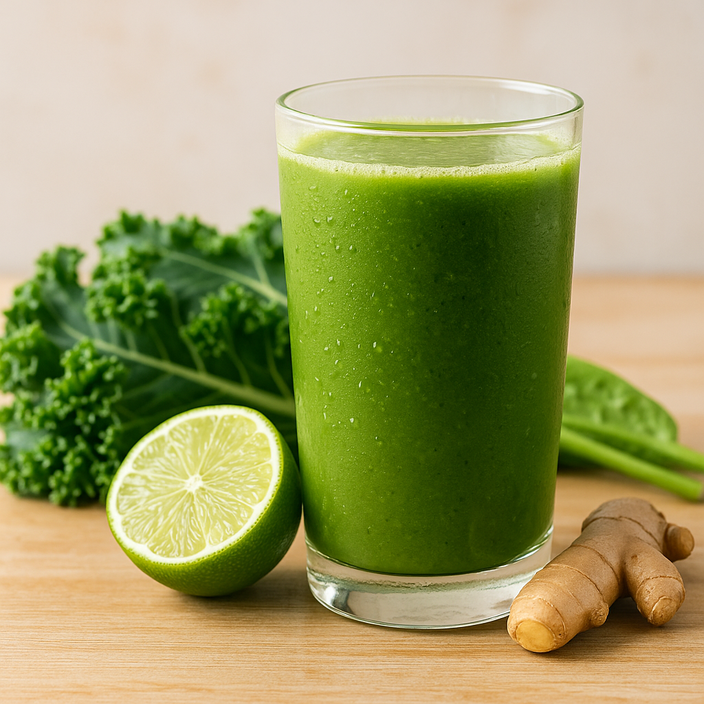 Suco verde com limão, gengibre, couve no copo